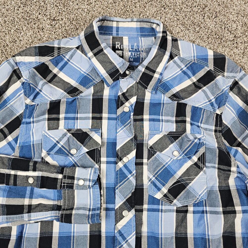 Reclaim Shirt Mens Medium Blue Plaid Pearl Snap Relaxed Western Cowboy Tartan